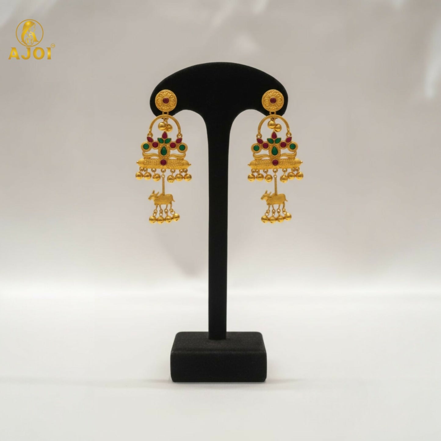 Antique Gold-Plated Red & Green Stone Tribal Drop Earrings with Cow Earrings