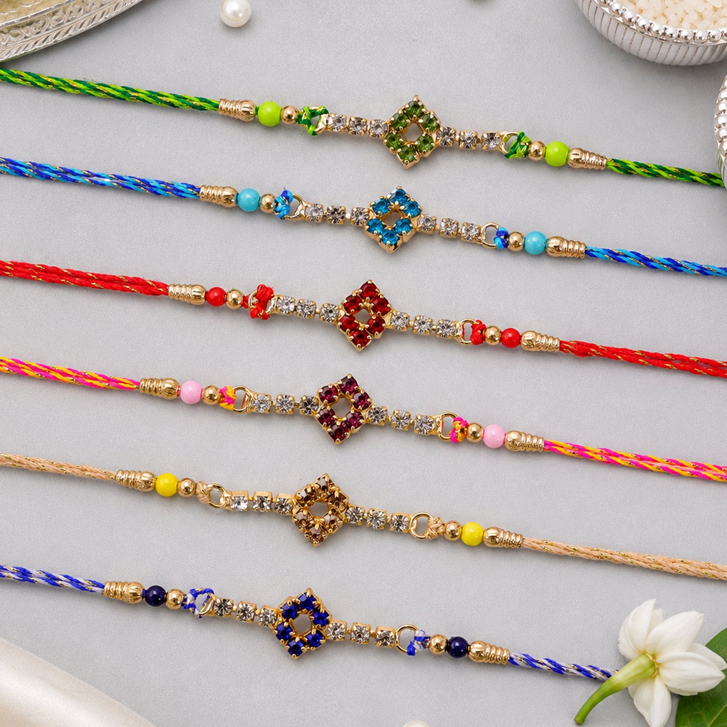 Open Diamond Frame Rakhi with AD Stonework for Brother (Pack of 6)