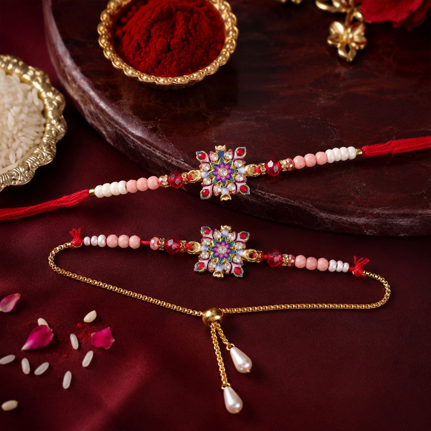 Designer Floral Bhaiya Bhabhi Rakhi Set with Colorful Stones and Lumba Rakhi