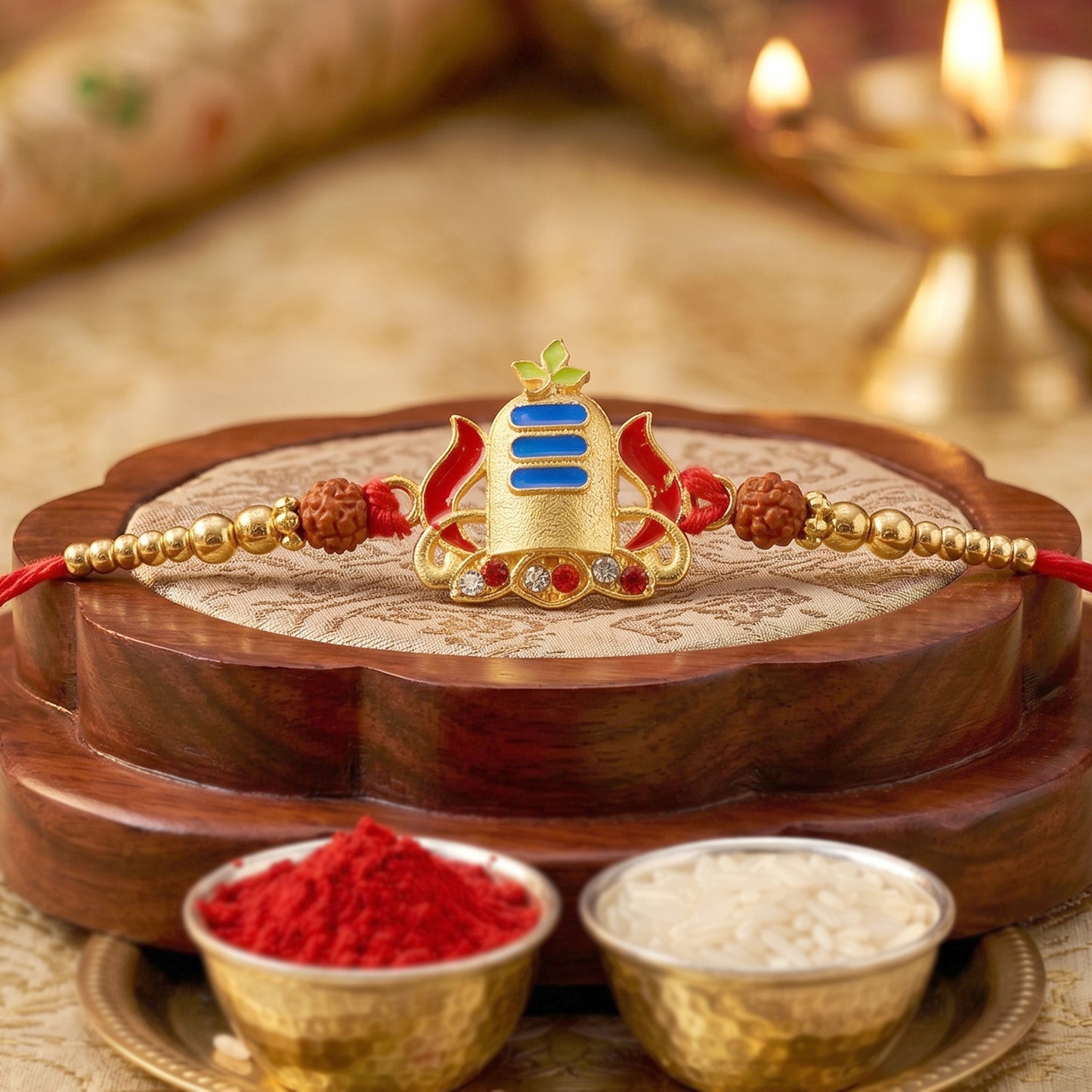 Gold Shivling Rakhi with Blue Tilak and Rudraksha Beads