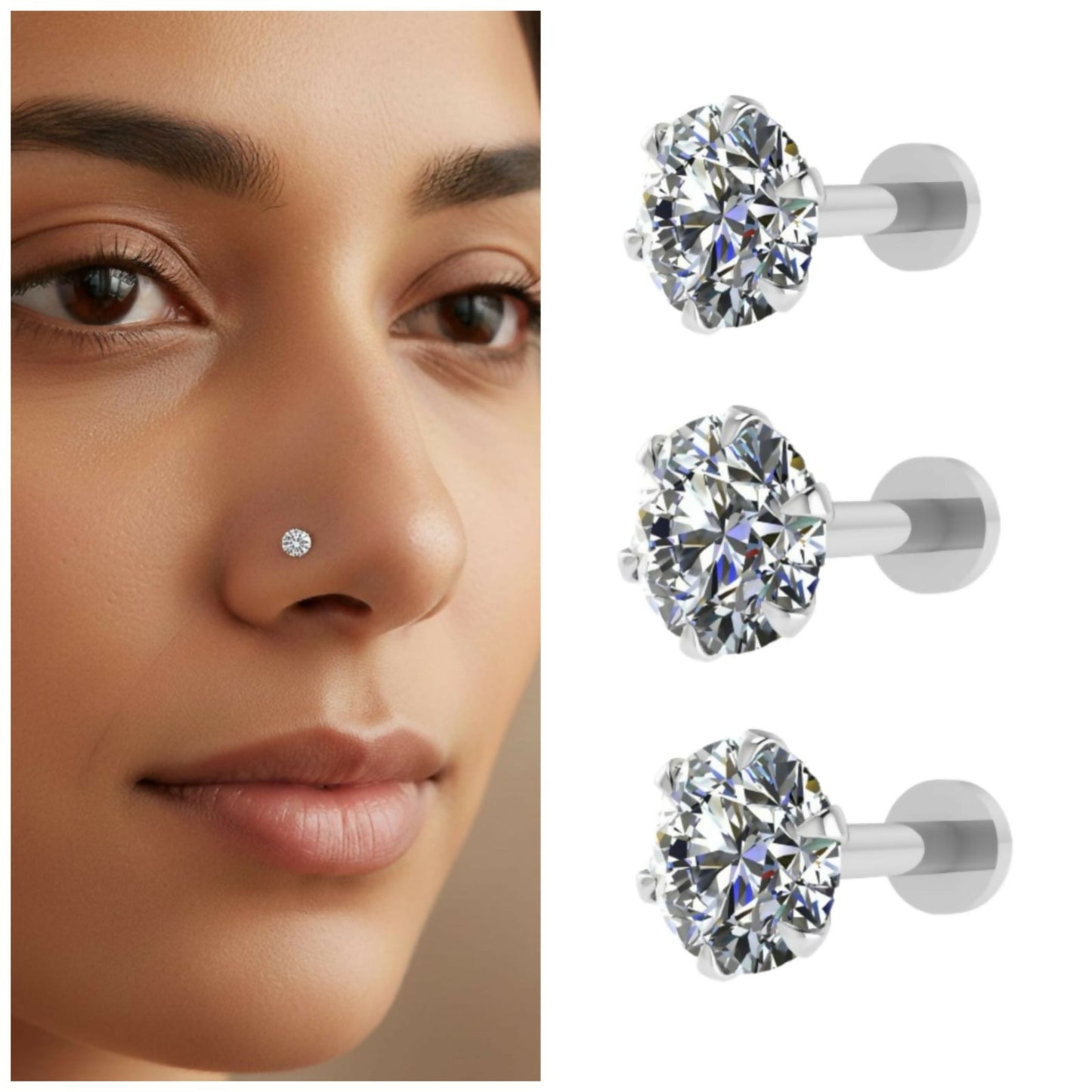 silver plated nosepin stud Back Nosepin Labret Piercing Combo Pack of 3
