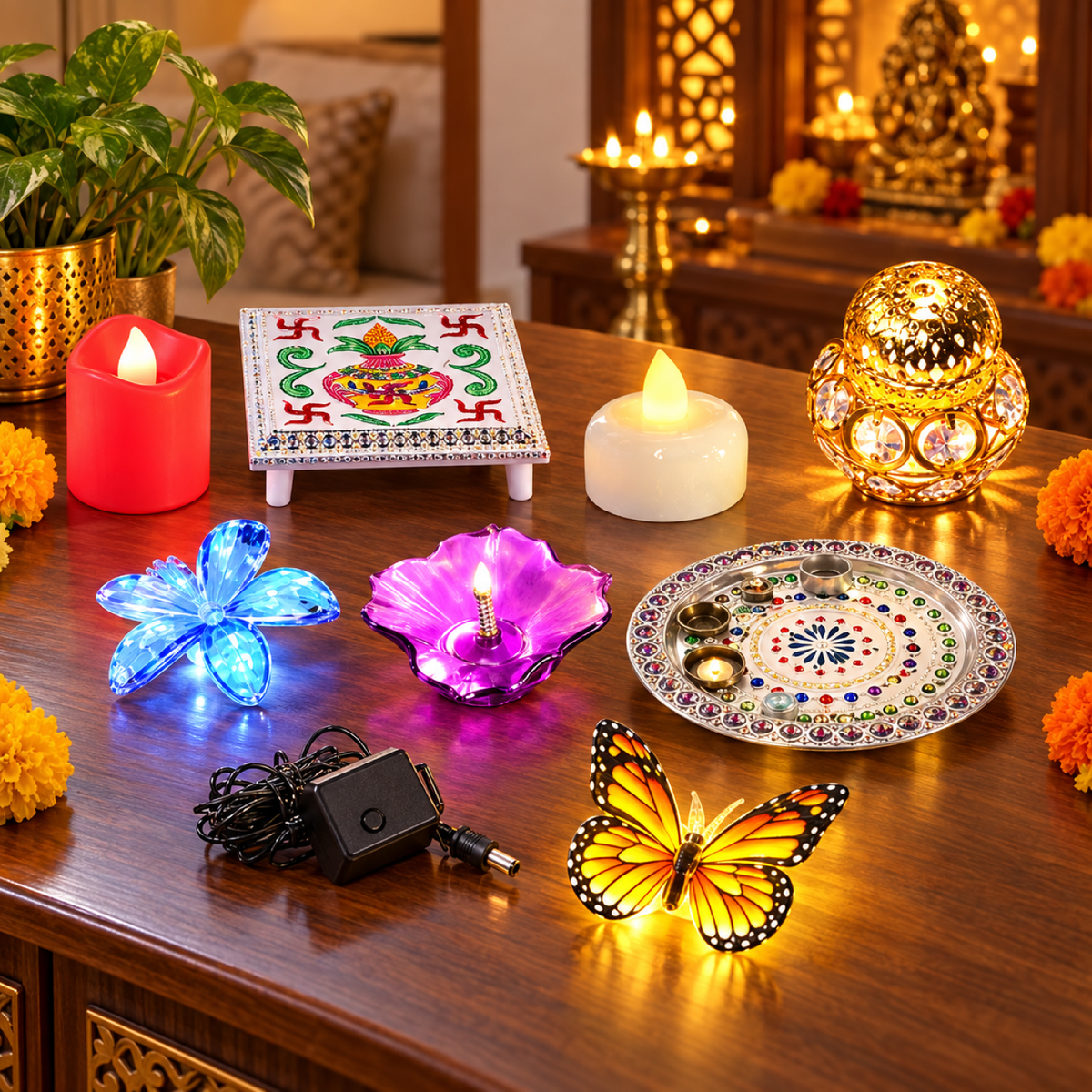 A collection of LED lights and puja items on a wooden table, including a red candle, a decorated square stand, a white
