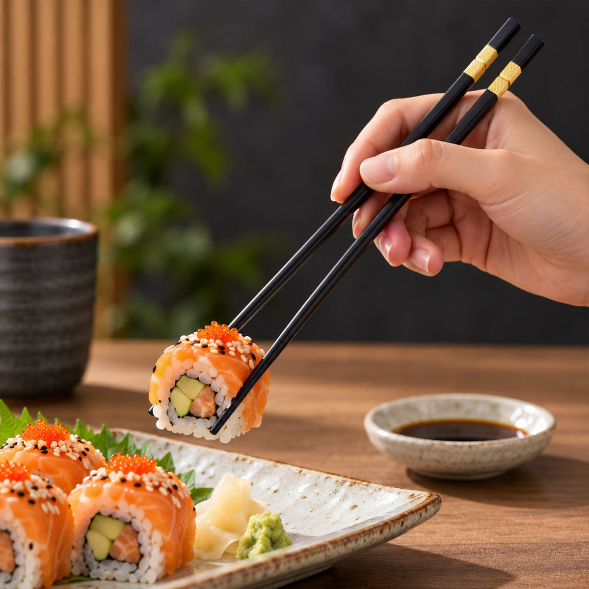 A hand holds black and gold chopsticks, lifting a piece of sushi roll with orange roe from a decorative plate.