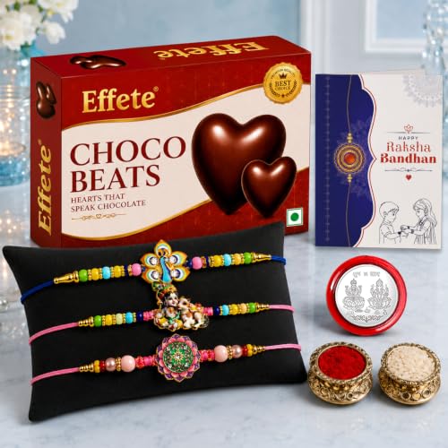 Peacock, Krishna Rakhi Combo - Raksha Bandhan Gift with Choco Beats 32gm, Pack of 7