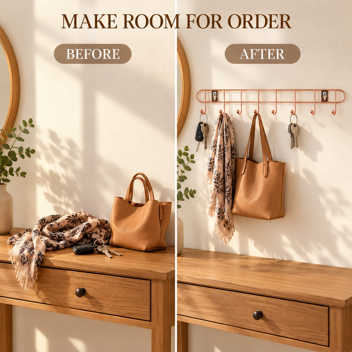 A split image shows a messy wooden table on the left and an organized table with items on the wall hanger on the right.