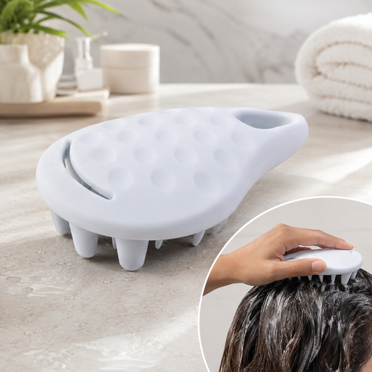 Light blue silicone scalp massager on a bathroom counter with an inset of it being used on wet hair.