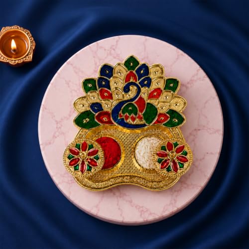 Silver Round Rakhi Combo - Raksha Bandhan Gift with Peacock Shape Pooja Thali, Pack of 6