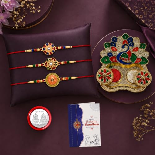 Round Rakhi for Brother with Pooja Thali - Raksha Bandhan Gift Set, Pack of 7