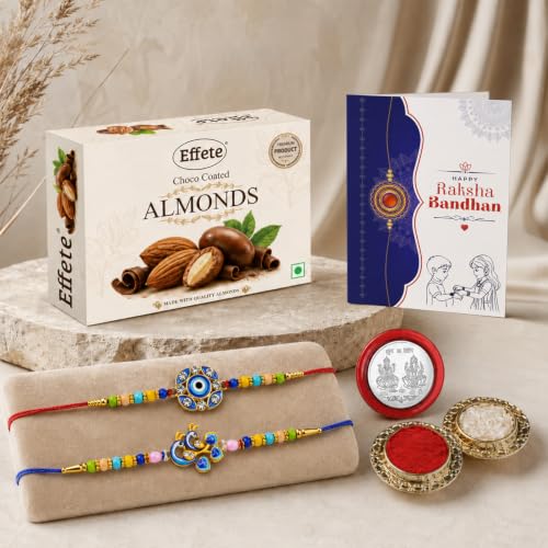 Evil Eye, Peacock Rakhi Combo - Raksha Bandhan Gift with Choco Almonds 32gm, Pack of 6
