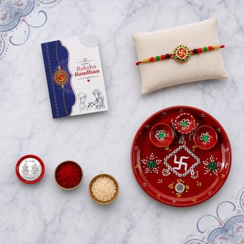 Swastika Rakhi Combo - Raksha Bandhan Gift with Decorated Pooja Thali, Pack of 5