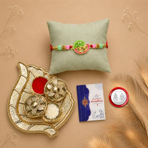 Krishna Bansuri Rakhi Combo - Raksha Bandhan Gift with Leaf Design Pooja Thali, Pack of 5