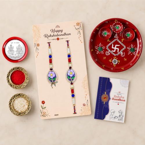 Multicolor Rakhi for Brother with Pooja Thali - Rakshabandhan Gift Set, Pack of 5