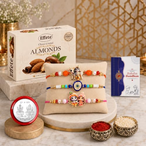 Krishna Cow, Evil Eye Rakhi Combo - Raksha Bandhan Gift with Choco Almonds 32gm, Pack of 7