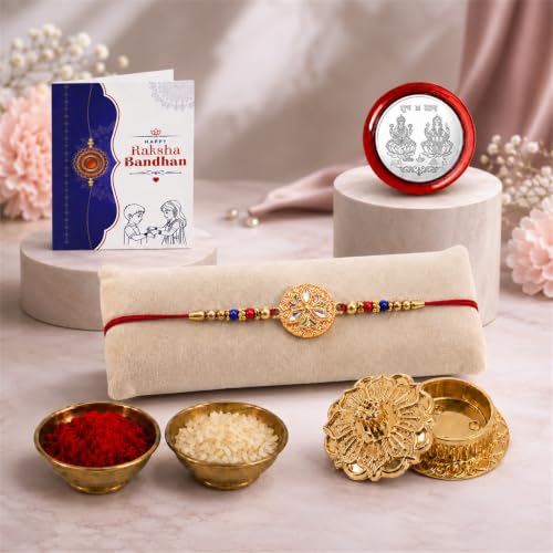 Round Rakhi Combo - Raksha Bandhan Gift with Golden Pooja Kankavati, Pack of 5 for Bhaiya