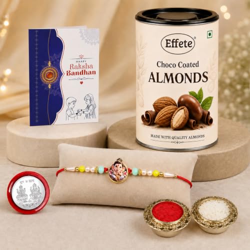 Little Ganesha Rakhi Combo - Raksha Bandhan Gift with Choco Almonds 96gm, Pack of 5
