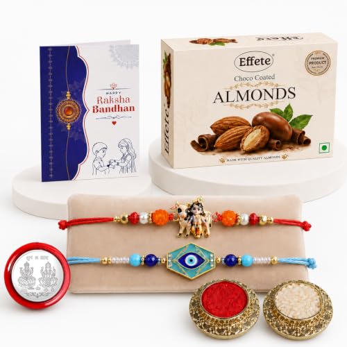 Krishna Cow, Evil Eye Rakhi Combo - Raksha Bandhan Gift with Choco Almonds 32gm, Pack of 6