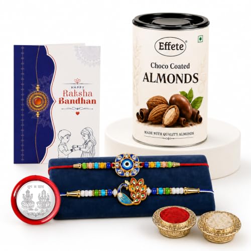 Evil Eye, Peacock Rakhi Combo - Raksha Bandhan Gift with Choco Almonds 96gm, Pack of 6
