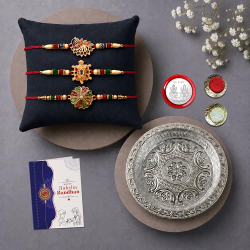 Rakhi for Brother with Silver Pooja Thali - Rakshabandhan Gift Set, Pack of 7