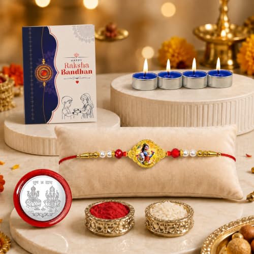 Krishna Rakhi Combo - Raksha Bandhan Gift with Tealight Candles 4pcs, Pack of 5 for Bhaiya