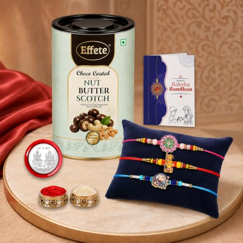 Ganesha, Peacock Rakhi Combo - Raksha Bandhan Gift with Choco Butterscotch 96gm, Pack of 7
