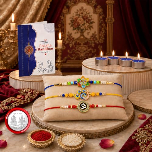 Flower, Bird, Om Rakhi Combo - Raksha Bandhan Gift with Tealight Candles 4pcs, Pack of 7