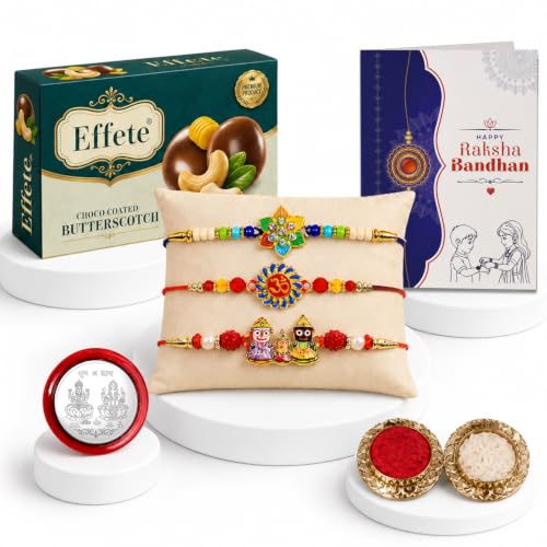 Flower, Om Rakhi Combo - Raksha Bandhan Gift with Choco Butterscotch 32gm, Pack of 7