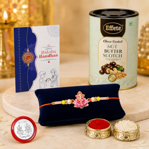 Ganesha Rakhi Combo - Raksha Bandhan Gift with Choco Butterscotch 96gm, Pack of 5