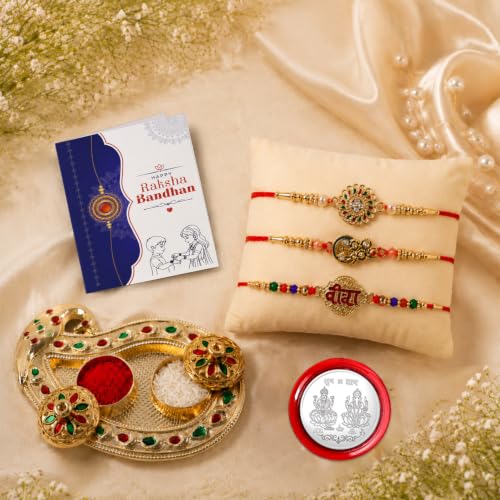 Close-up of the intricately designed flower rakhi included in the Rakshabandhan gift set.