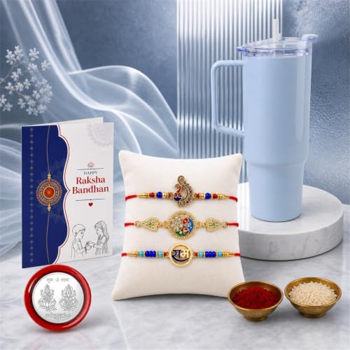 Peacock, Ram Rakhi Combo - Raksha Bandhan Gift with Travel Tumbler 1800ml, Pack of 7