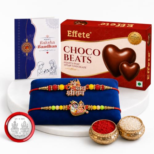 Shri Ram, Radhe Krishna Rakhi Combo - Raksha Bandhan Gift with Choco Beats 32gm, Pack of 6