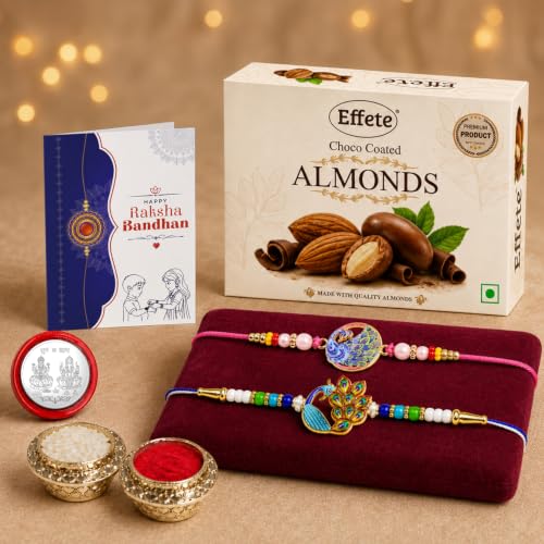 Peacock Rakhi Combo - Raksha Bandhan Gift with Choco Almonds 32gm, Pack of 6 | Rakhi Gift