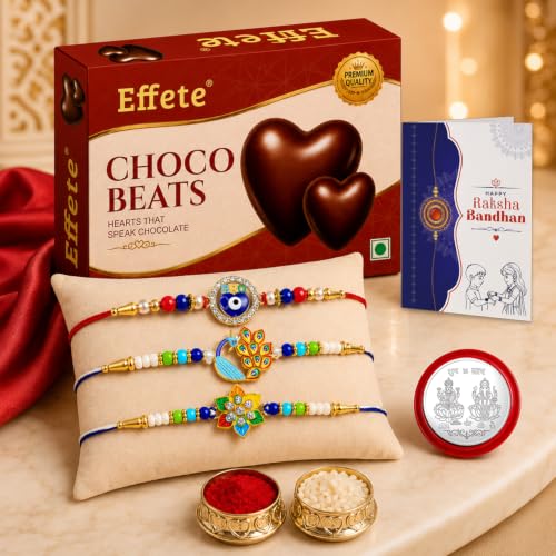 Flower, Evil Eye Rakhi Combo - Raksha Bandhan Gift with Choco Beats 32gm, Pack of 7