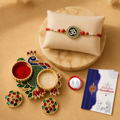 Om Rakhi Combo - Raksha Bandhan Gift with Peacock Shape Pooja Thali, Pack of 5 for Bhaiya