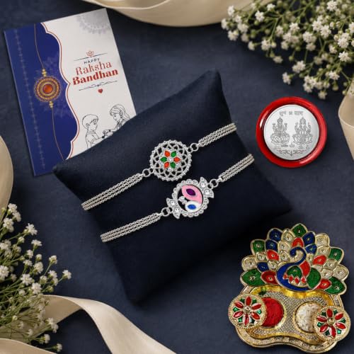 Silver Round Rakhi Combo - Raksha Bandhan Gift with Peacock Shape Pooja Thali, Pack of 6