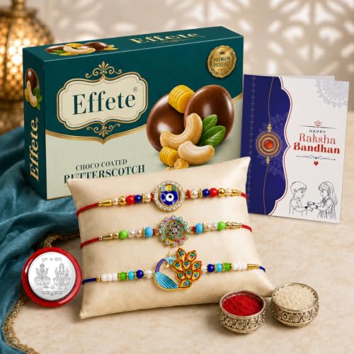 Evil Eye Rakhi Combo with choco butterscotch, roli chawal, pooja coin, and greeting card for Raksha Bandhan.