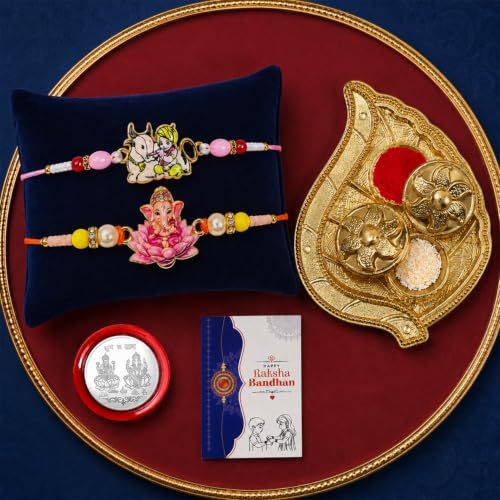 Krishna, Ganesha Rakhi Combo - Raksha Bandhan Gift with Leaf Design Pooja Thali, Pack of 6