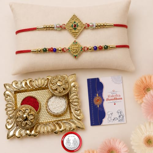 Diamond, Swastik Rakhi Combo - Raksha Bandhan Gift with Rectangular Pooja Thali, Pack of 6
