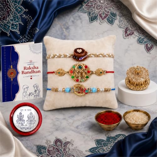Coffee Cup, Om Rakhi Combo - Raksha Bandhan Gift with Golden Pooja Kankavati, Pack of 7