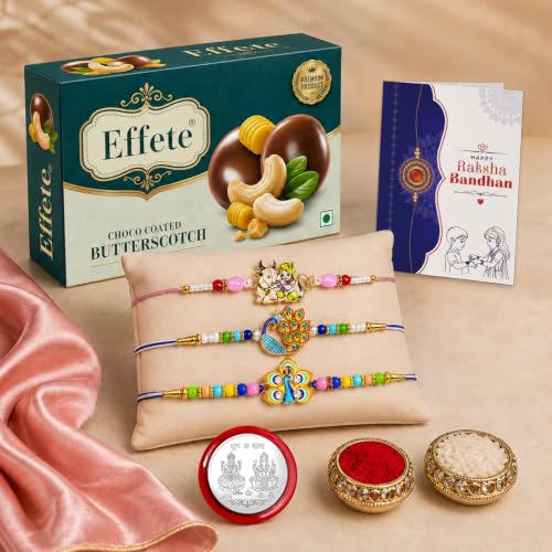 Krishna, Peacock Rakhi Combo - Raksha Bandhan Gift with Choco Butterscotch 32gm, Pack of 7