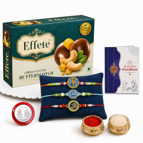 Ganesh, Evil Eye Rakhi Combo - Raksha Bandhan Gift with Choco Butterscotch 32gm, Pack of 7