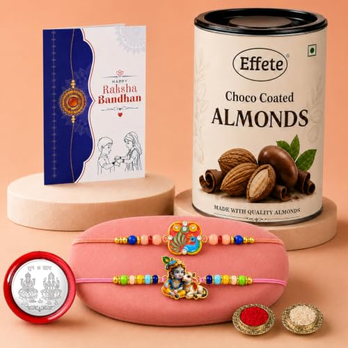 Peacock, Krishna Rakhi Combo - Raksha Bandhan Gift with Choco Almonds 96gm, Pack of 6