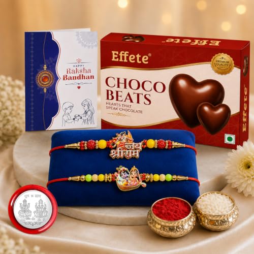 Shri Ram, Radhe Krishna Rakhi Combo - Raksha Bandhan Gift with Choco Beats 32gm, Pack of 6