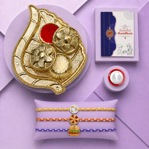 Rouund, Food Rakhi Combo - Raksha Bandhan Gift with Leaf Design Pooja Thali, Pack of 7
