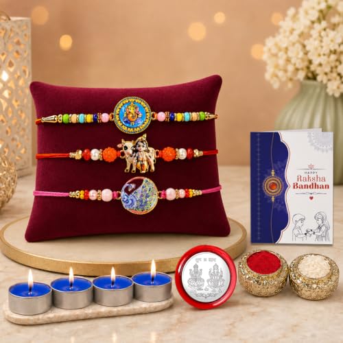 Ganesh Rakhi Combo - Raksha Bandhan Gift with Tealight Candles 4pcs, Pack of 7 for Bhaiya
