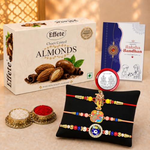 Krishna, Peacock Rakhi Combo - Raksha Bandhan Gift with Choco Almonds 32gm, Pack of 7