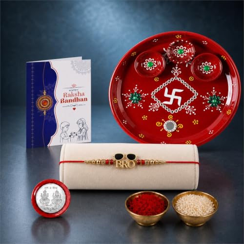 Raksha Bandhan Gift Combo featuring five colourful rakhis, a decorated pooja thali, and sweets.