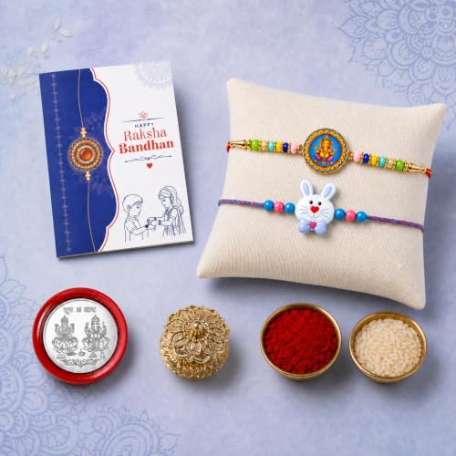 Ganesh, Bunny Rakhi Combo - Raksha Bandhan Gift with Golden Pooja Kankavati, Pack of 6