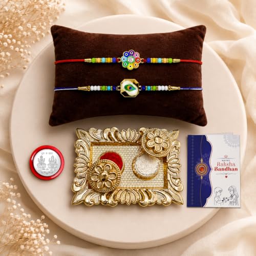 Flower, Peacock Rakhi Combo - Raksha Bandhan Gift with Rectangular Pooja Thali, Pack of 6
