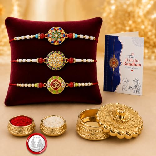 Rakhi for Brother with Golden Pooja Kankavati - Rakshabandhan Gift Set, Pack of 7