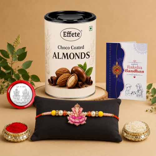 Ganesha Rakhi Combo - Raksha Bandhan Gift with Choco Almonds 96gm, Pack of 5 | Rakhi Gift